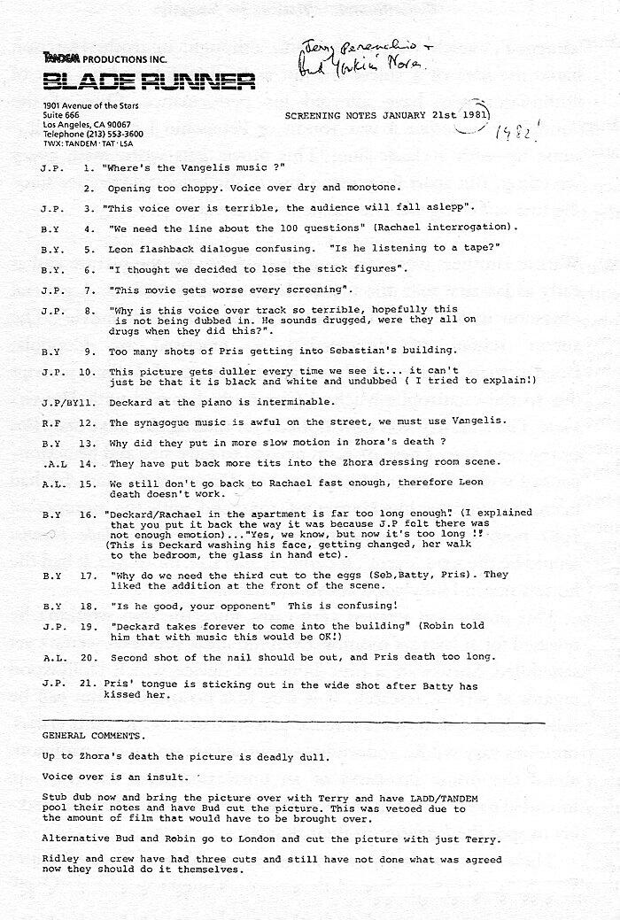 Blade Runner early screening notes