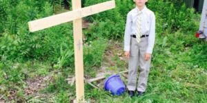 My little cousin’s turtle died. He made the grave, built the cross, and got dressed without any parental supervision. My uncle caught this towards the end of the ceremony.