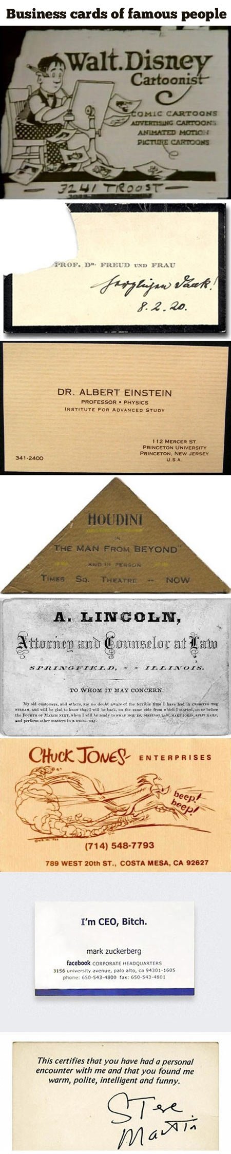 Business cards of famous people.