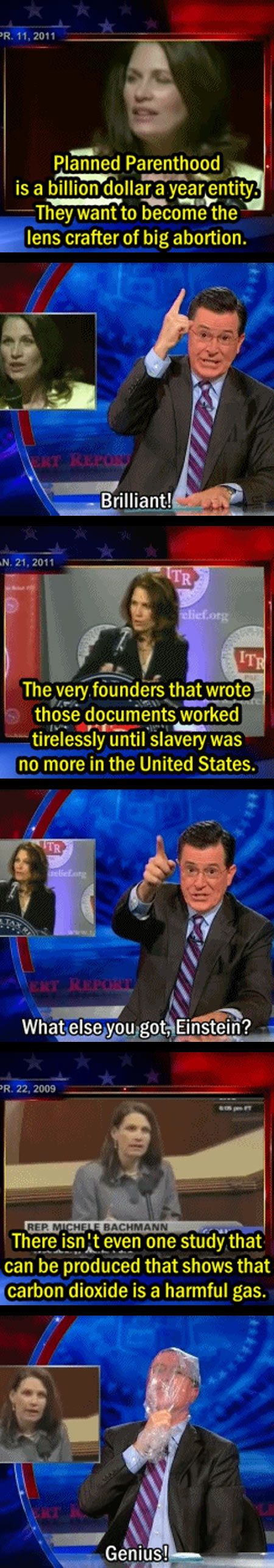Stephen Colbert proves that believing Michelle Backman is detrimental to your health!