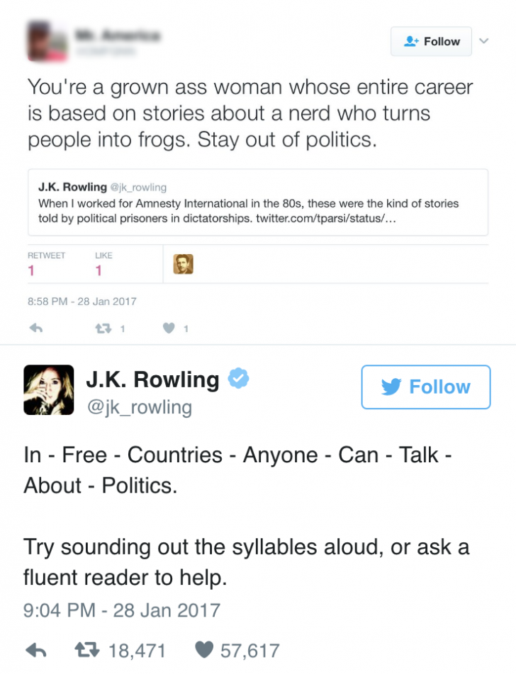 JK Rowling shutting down a person trying to shut her up