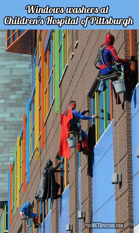 Window washing a children's hospital.