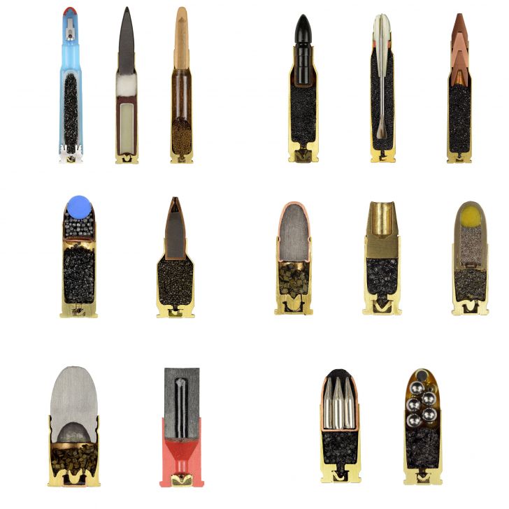 Cutaways of 15 different kinds of bullets