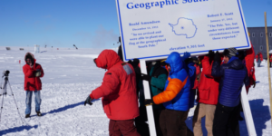 Annual 10m move of the geographic South Pole, because of the daily 2.7cm offset of ice sheet over bedrock 2km below