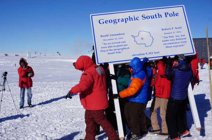 Annual 10m move of the geographic South Pole, because of the daily 2.7cm offset of ice sheet over bedrock 2km below