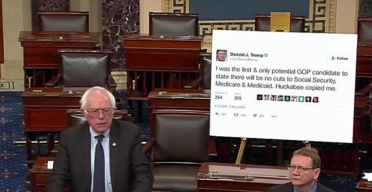 Senator Bernie Sanders printed out a gigantic Trump tweet and brought it to congress