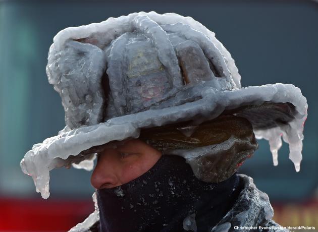 Massachusettes fireman’s helmet froze over after putting out fire