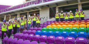 Orlando city soccer unveils 49 Rainbow-colored seats at its new stadium to honour the victims of the June shooting at pulse nightclub.