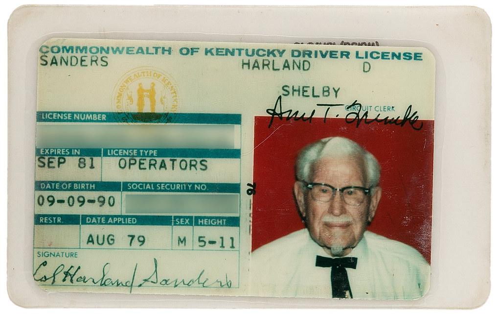 Colonel Sanders' drivers license circa 1979.