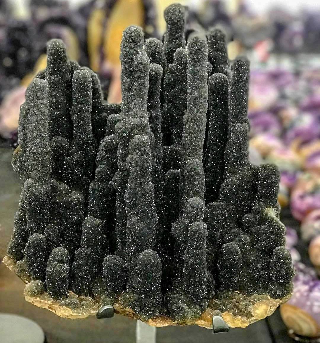 A cluster of black amethyst stalactites circa Argentina.