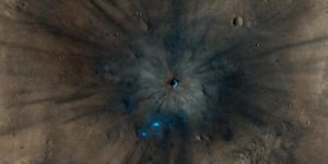 A closer look at the fresh 8 meter crater that was recently discovered by the HiRISE instrument on the Mars Reconnaissance Orbiter