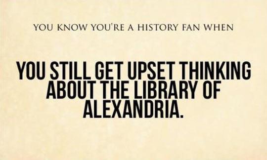 You know you're a history fan when you still get upset thinking about the library of Alexandra