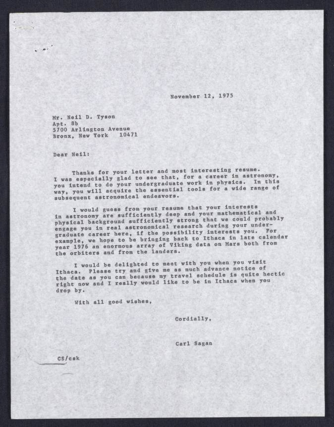 1975 letter from Carl Sagan to high school student Neil DeGrasse Tyson.