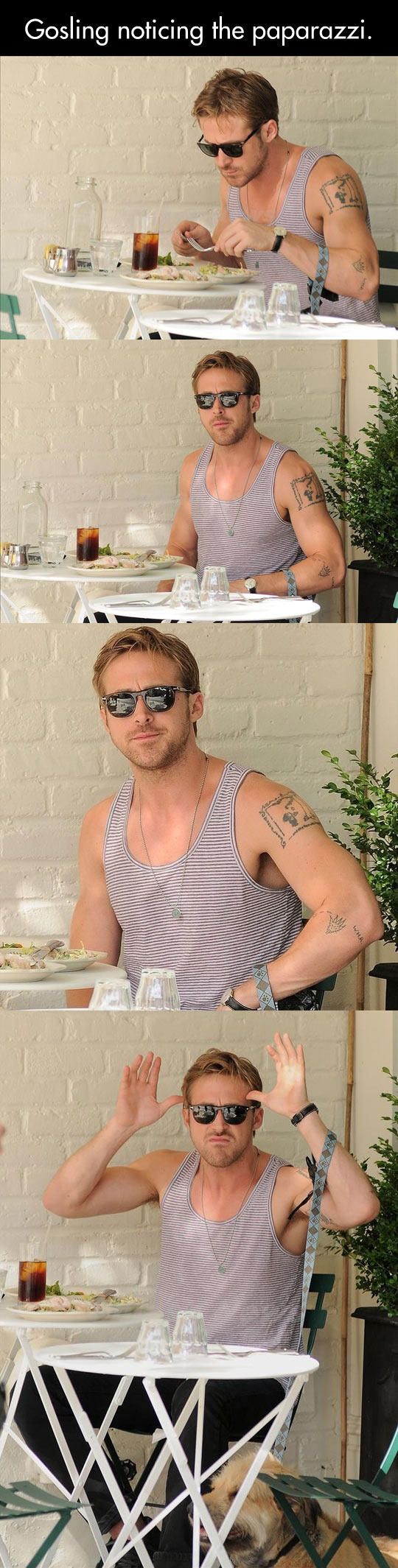 Ryan Gosling noticing the paparazzi.
