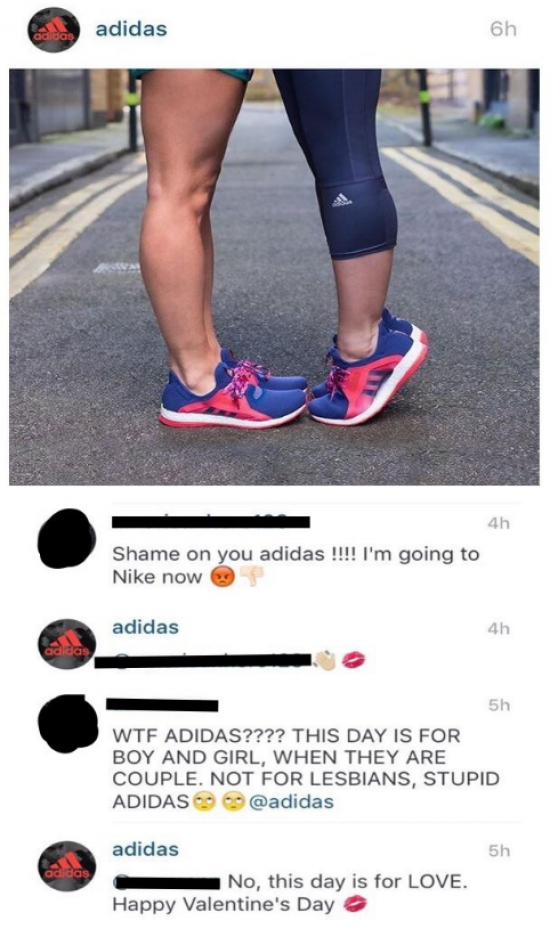 People getting pissed at Adidas for using a lesbian couple in their post for Valentines Day