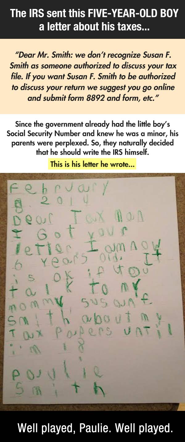 The IRS picking on a five year old.