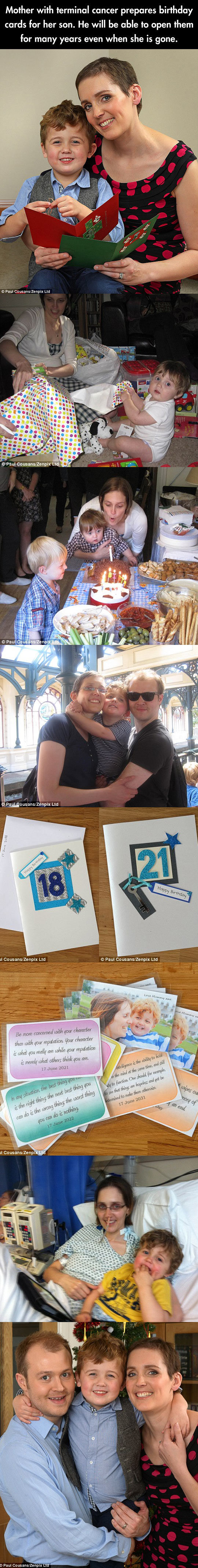 Mother with terminal cancer prepares birthday cards for son.