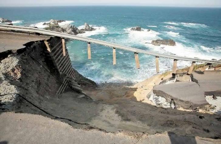 Bridge collapse due to massive land mass washing away underneath it in California