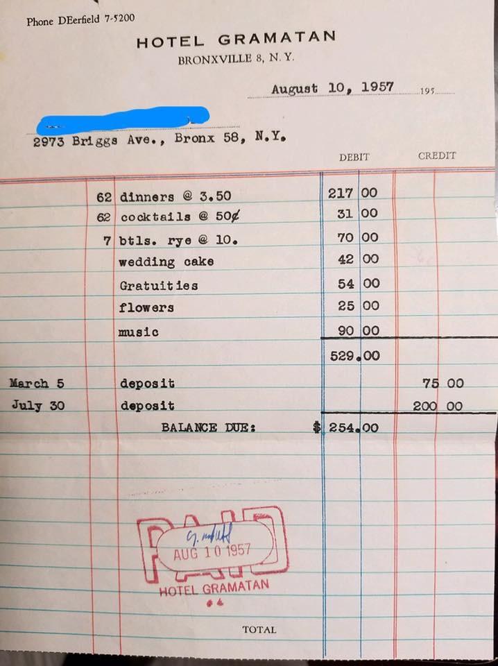 Cost of a wedding  circa 1957