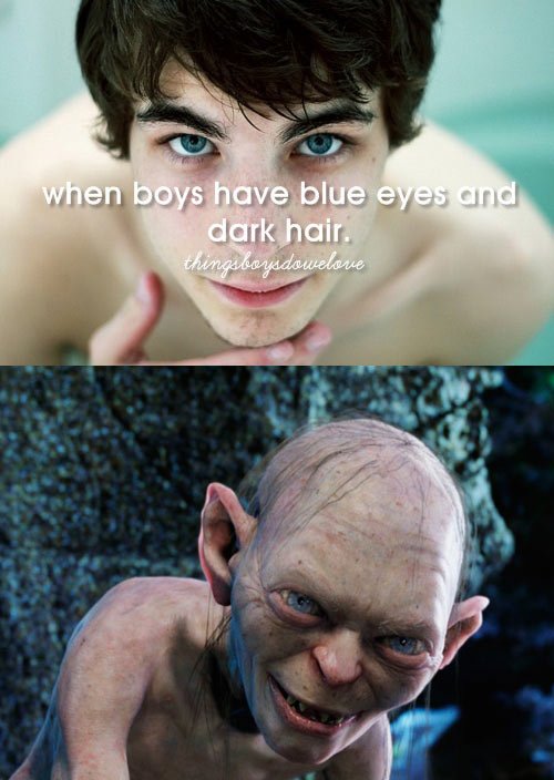Blue eyes and dark hair...