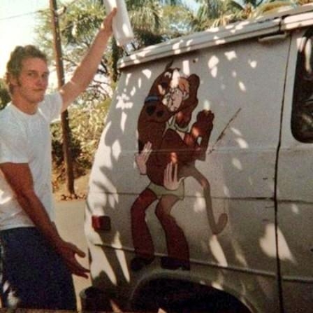 Chris Pratt, homeless, living in this van, holding the script to his first acting job