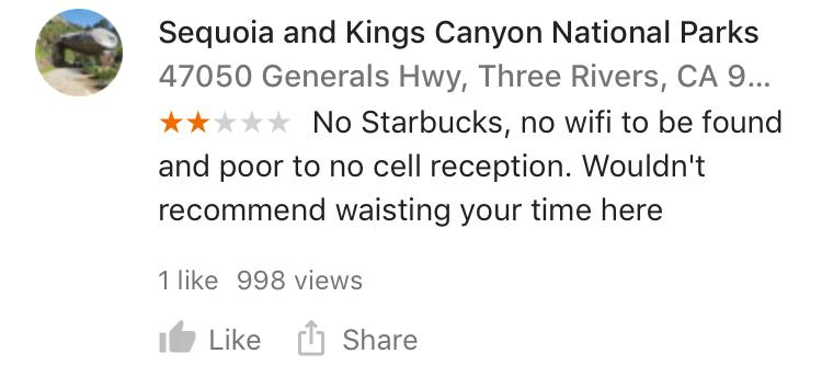 National Parks get Bad Reviews, also. 
