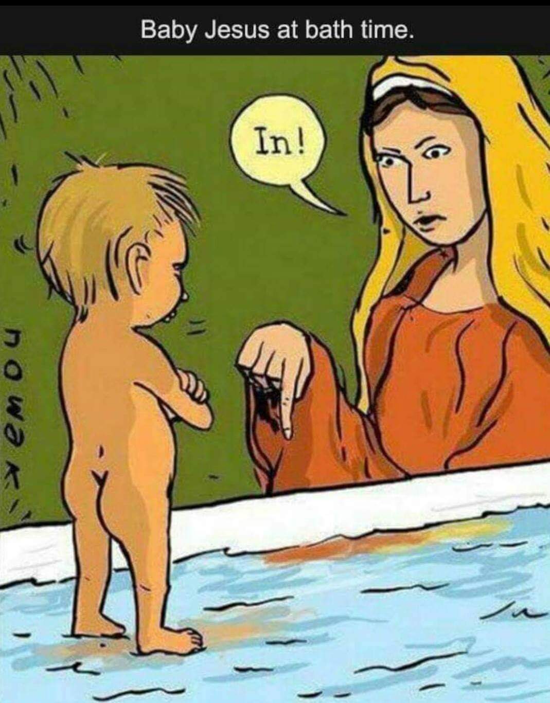 Baby Jesus gets a bath.