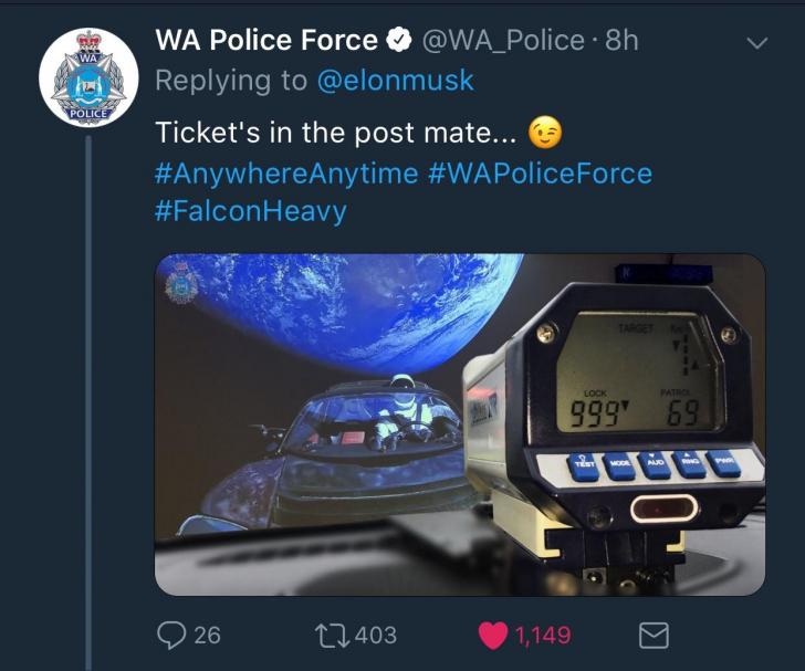 Western Australia's police responsd to Elon informing us his car is currently over Australia.