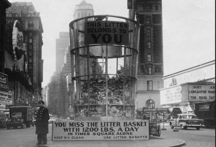 Vintage litter shaming in Times Square, roundabout 1955.