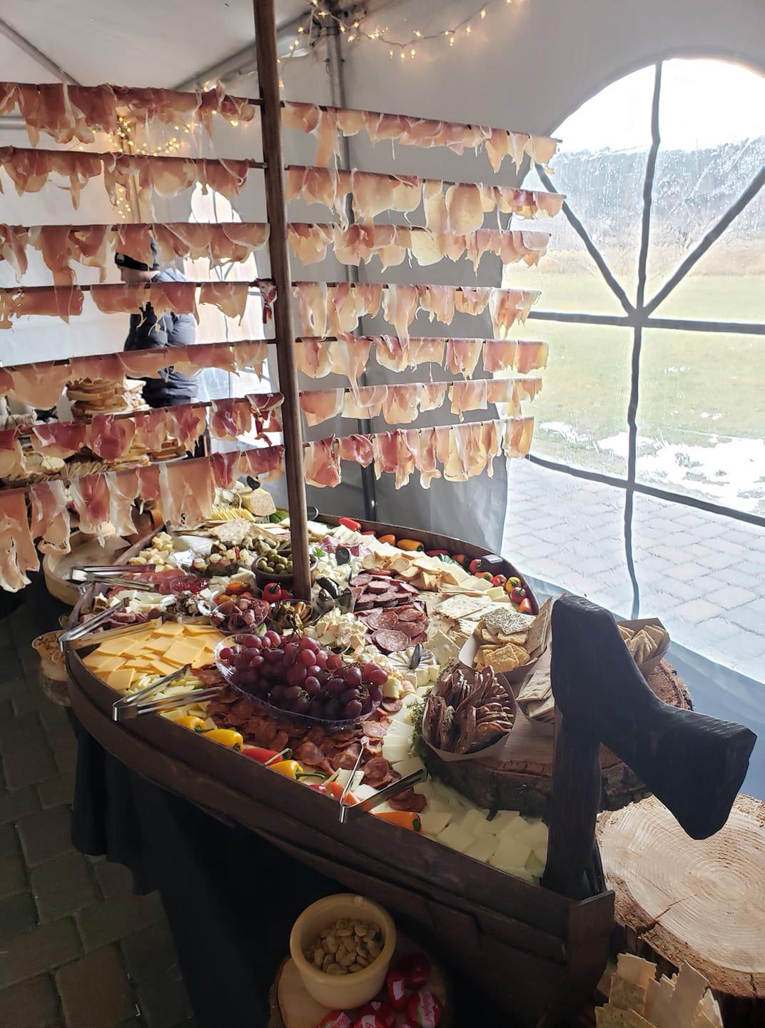 Charcuterie ship at a Viking wedding