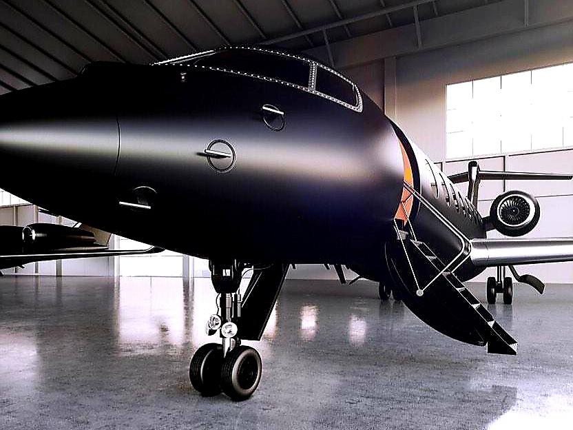 Here is a matte black aeroplane.