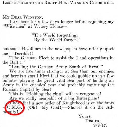 The first use of OMG was in a letter to Winston Churchill circa 1917.