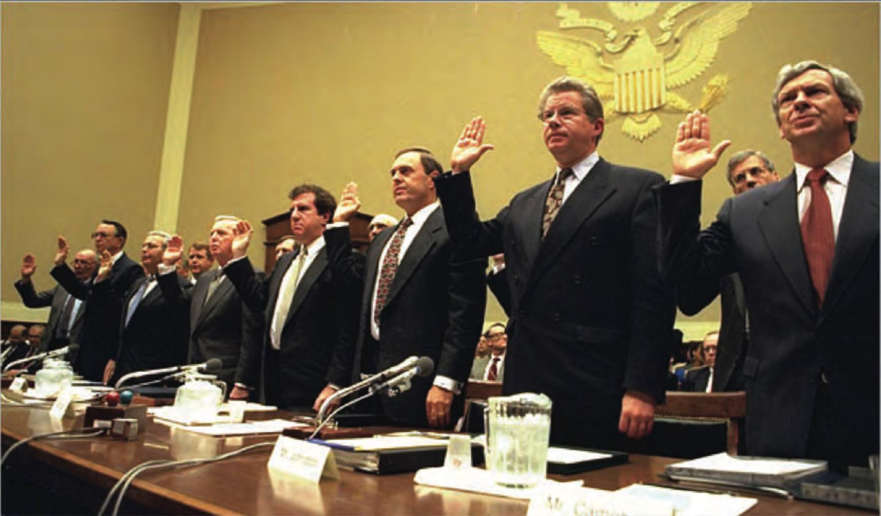 CEOs of the major U.S. tobacco corporations stating under oath that Nicotine is not addictive, circa 1994.