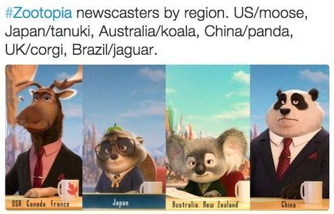 Zootopia newscasters by region