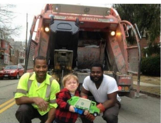 Young boy who waited all week to show the garbage men his garbage truck gets overwhelmed by the presence of his heroes.