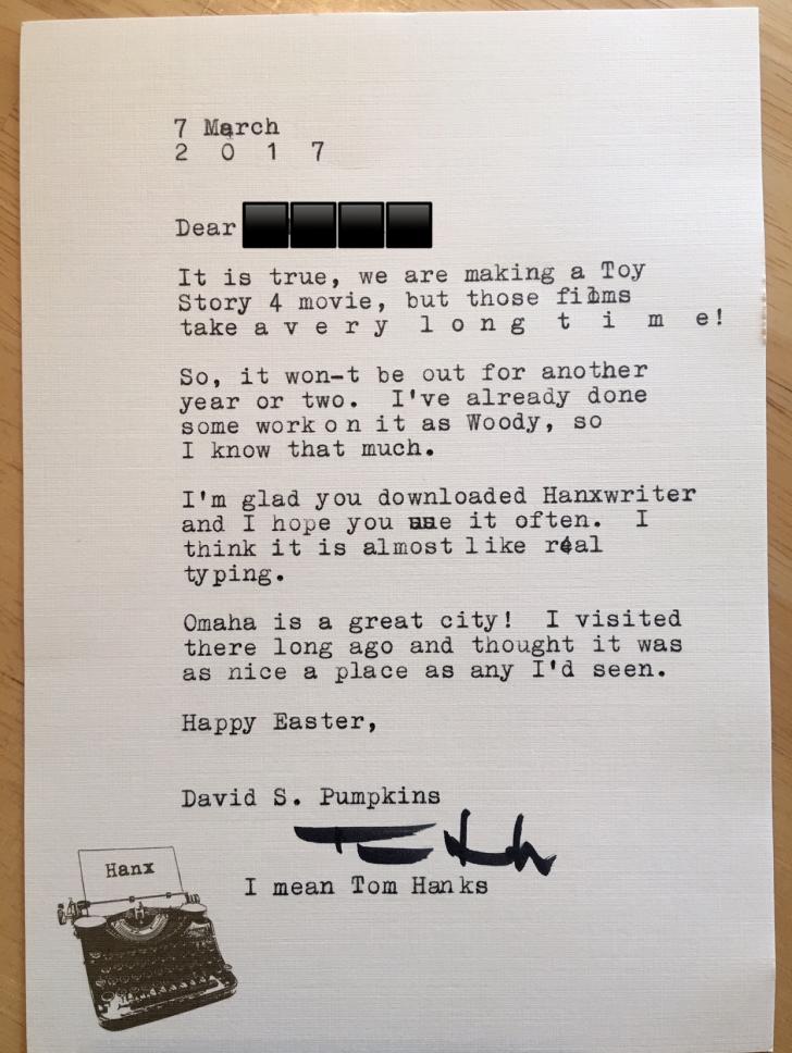 Tom Hanks answers a fan letter.