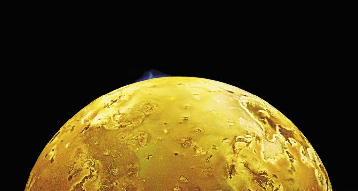 86 mile high volcanic plume on Io, one of Jupiter's moons. Taken by Galileo.