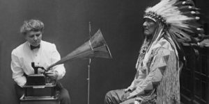 Blackfoot Indian Chief being recorded on a phonograph in 1916