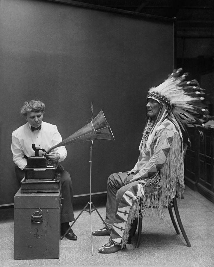 Blackfoot Indian Chief being recorded on a phonograph in 1916