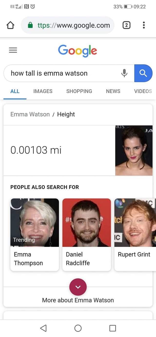 Emma Watson is 0.00103 miles tall