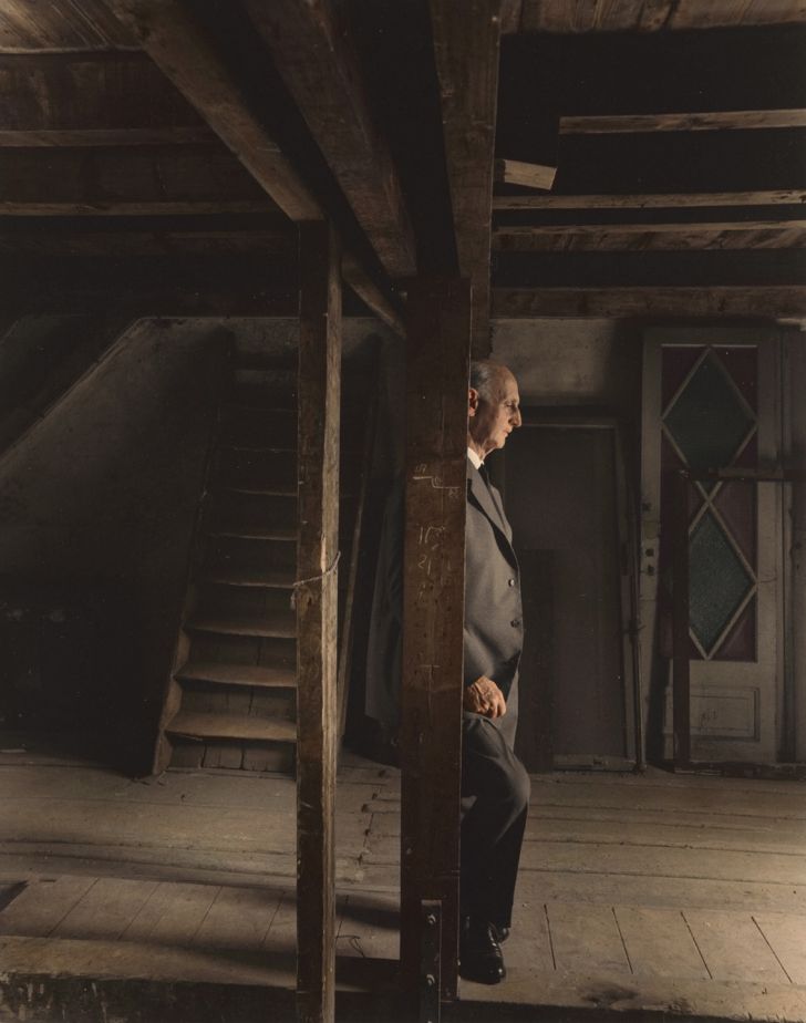 Otto Frank, Anne Frank's father and the only surviving member of the Frank family, revisiting the attic they spent the war in