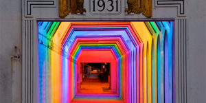 Rainbow lights installed inside railroad underpass built in the 1930’s.