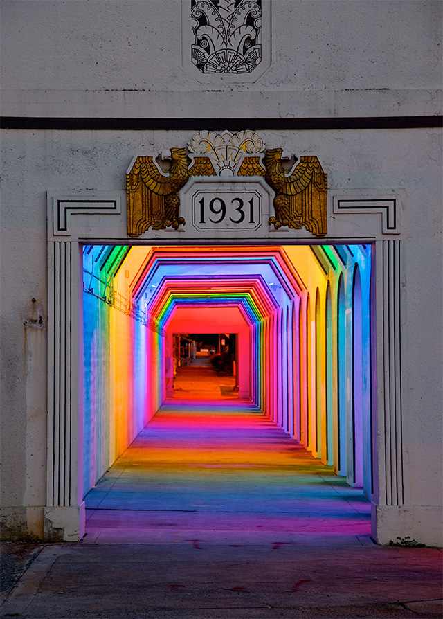 Rainbow lights installed inside railroad underpass built in the 1930's.