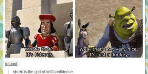 Shrek has a lot of self confidence.