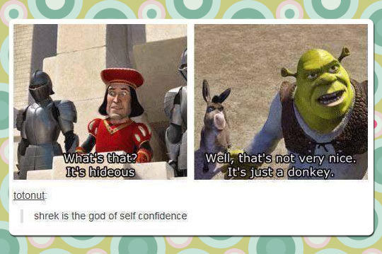 Shrek has a lot of self confidence.