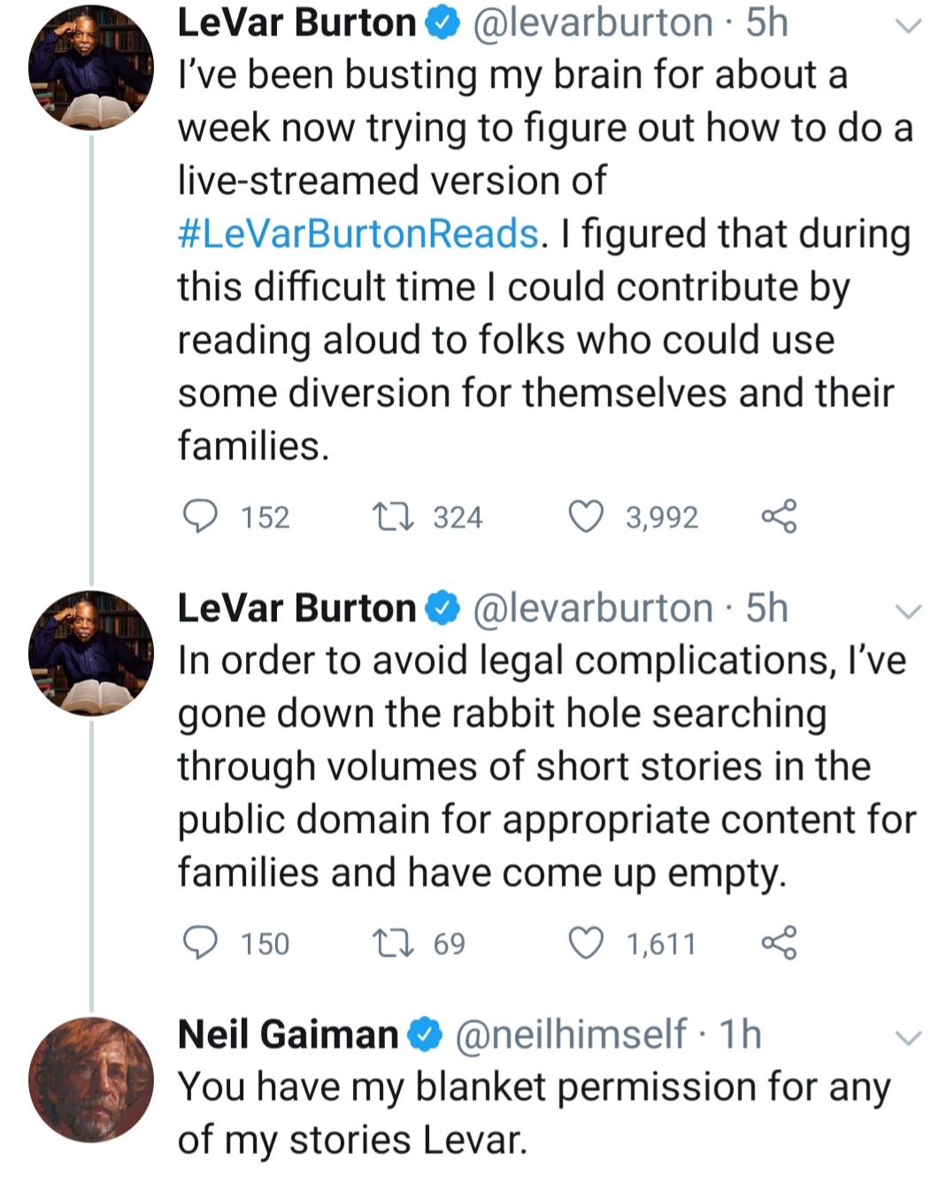Neil Gaiman and LeVar Burton wheeling and dealing copyright deals.