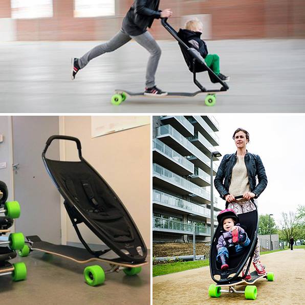 Skateboard baby stroller that comes with brakes and handlebars for steering.