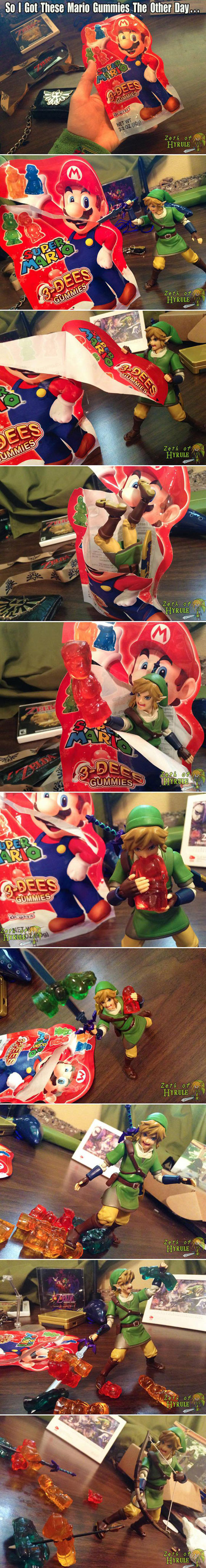 Link has fun with Mario Gummies