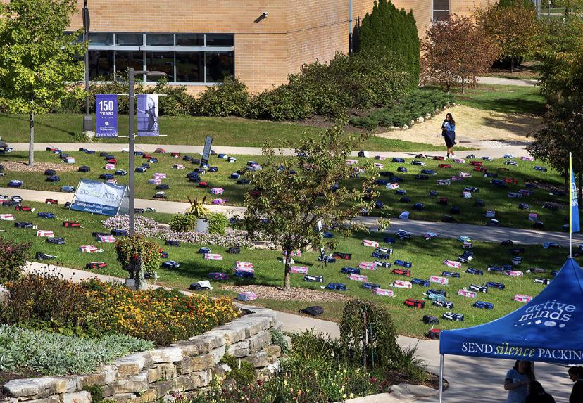 Backpacks representing student suicide  at a college in Wisconsin.