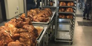 Volunteers cooked 46 turkey and trimmings yesterday to be served to ~800 less fortunate guests.